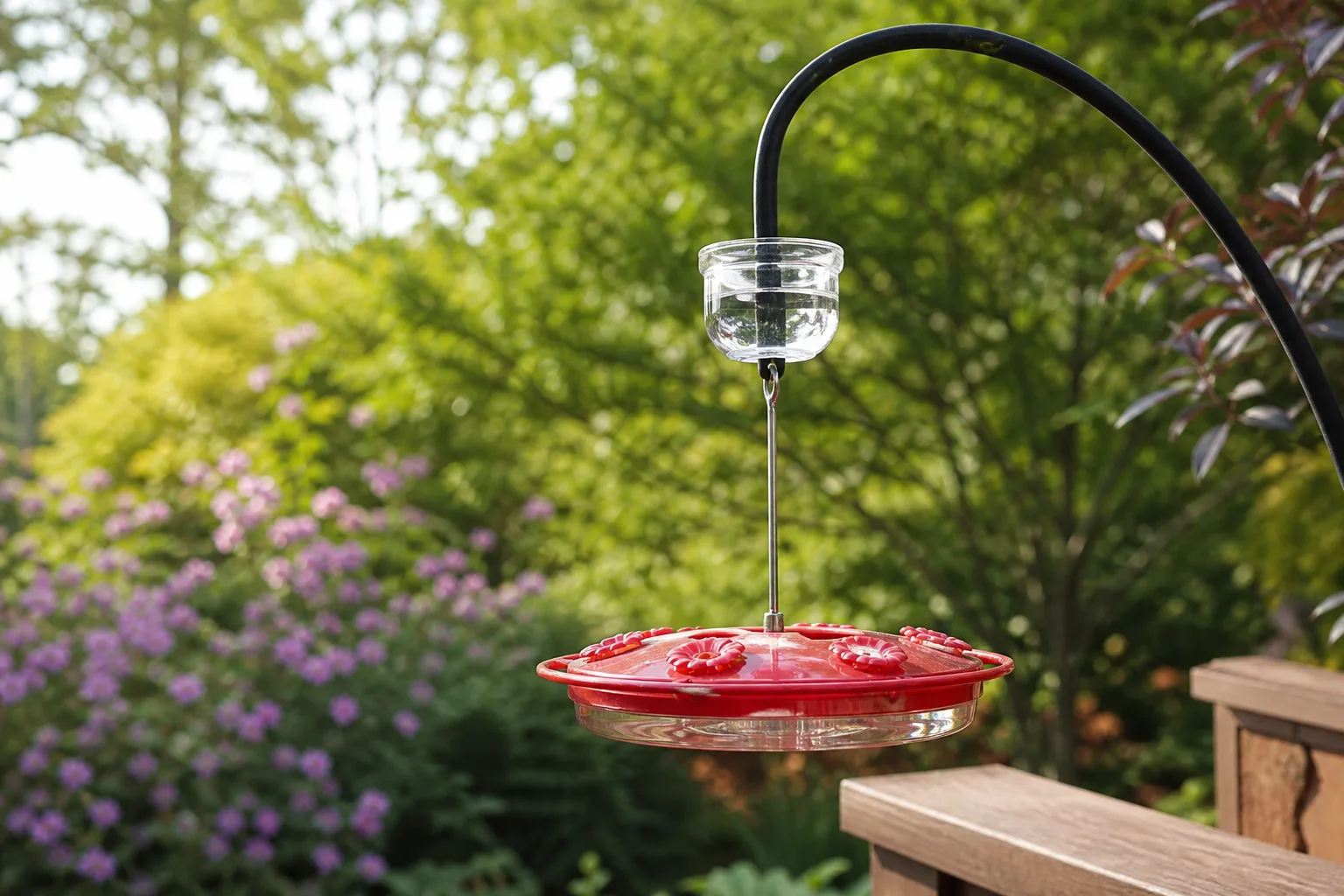 Red saucer hummingbird feeder with a water-filled glass ant moat cup on the hanging wire above it