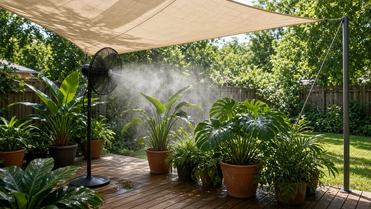 Backyard seating cooled by layered shade structures, lawn, and planted borders