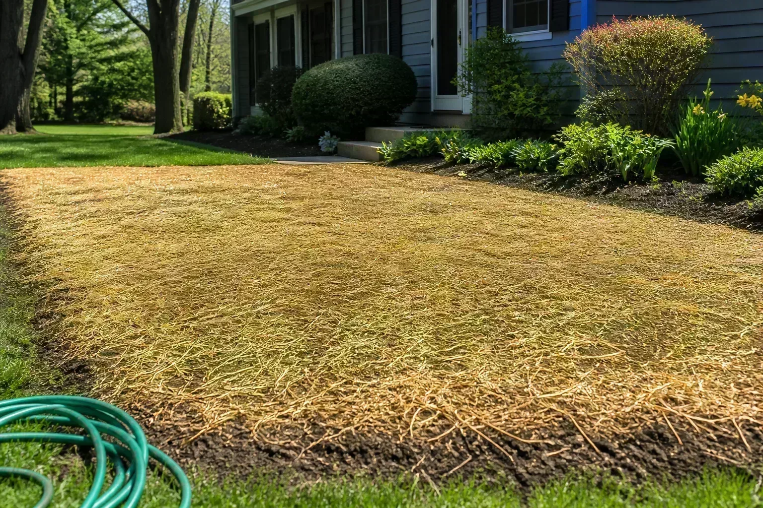 Freshly seeded suburban lawn covered with a thin layer of wheat straw mulch in spring