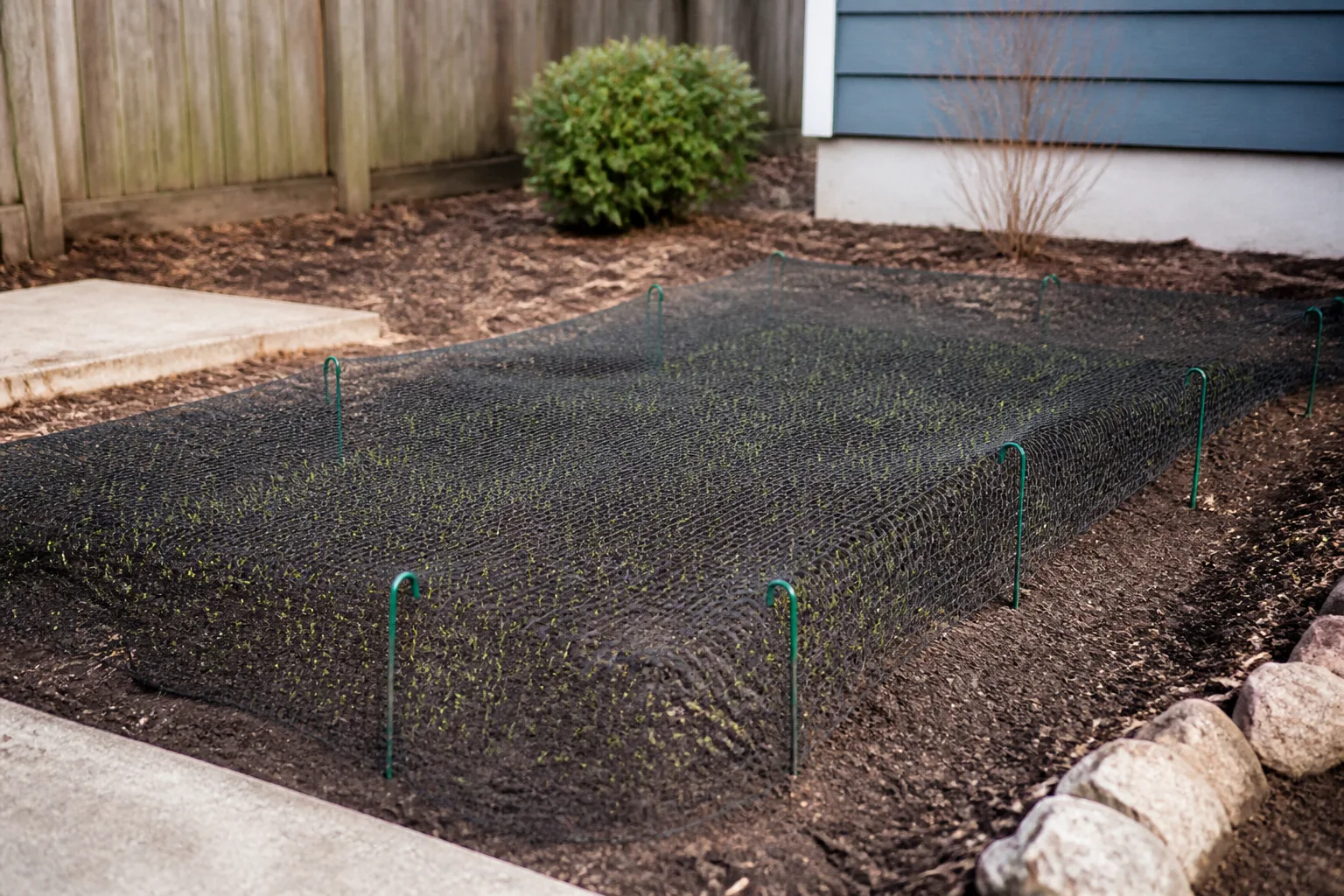 Bird netting stretched on low stakes several inches above a newly seeded lawn patch