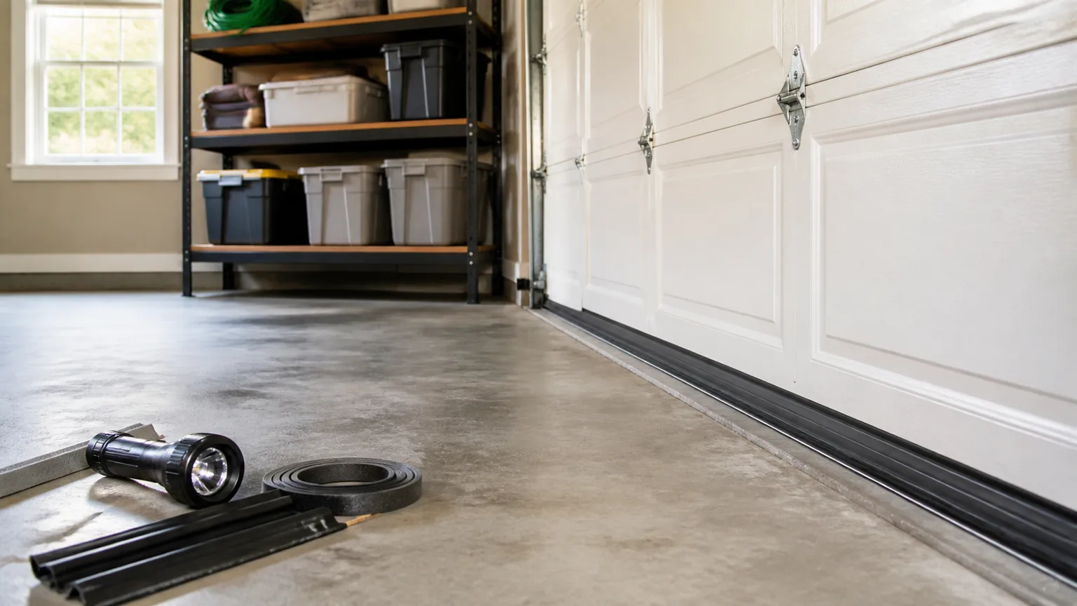 Clean residential garage with sealed overhead door, shelves, and pest-prevention supplies