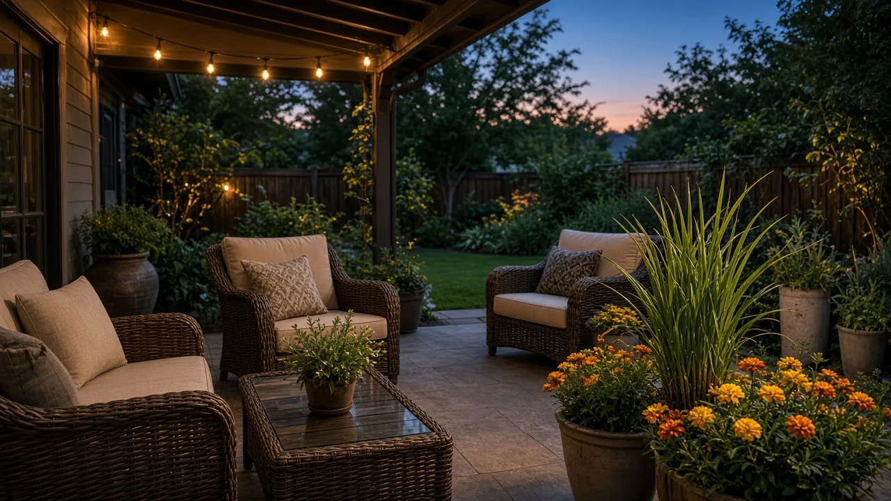 Outdoor patio with seating, potted aromatic plants, and a fan for summer bug control