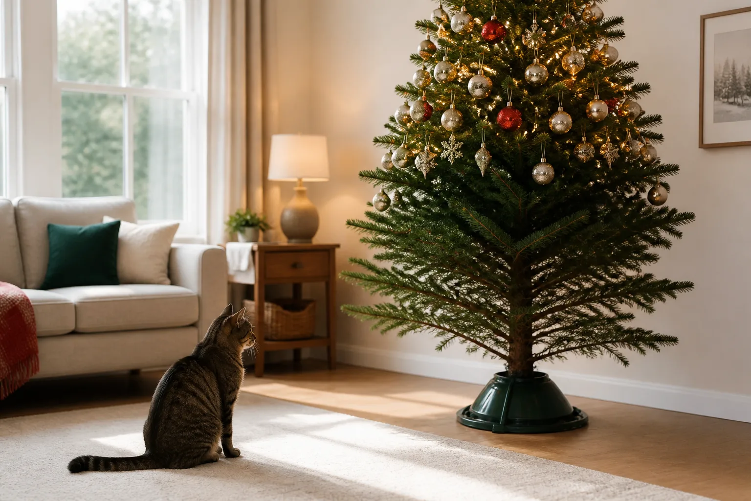 Decorated Christmas tree with bare lower branches and a cat watching from across the living room