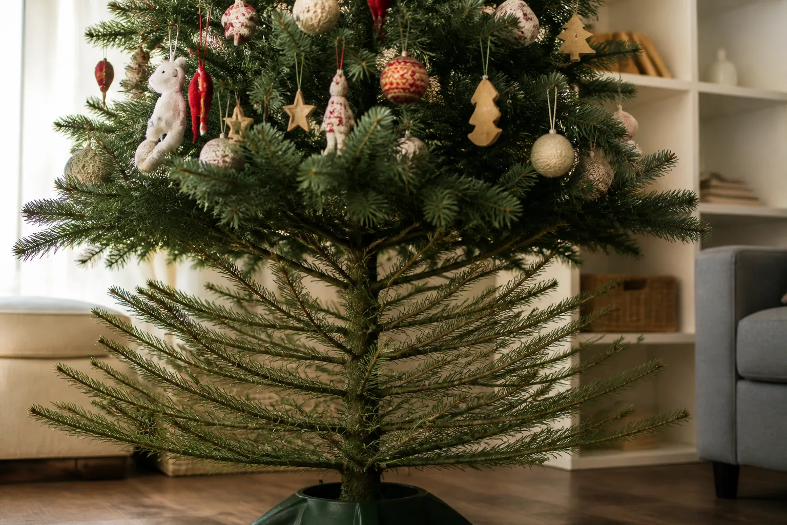 Christmas tree with bare lower third of branches and shatterproof ornaments on upper branches only