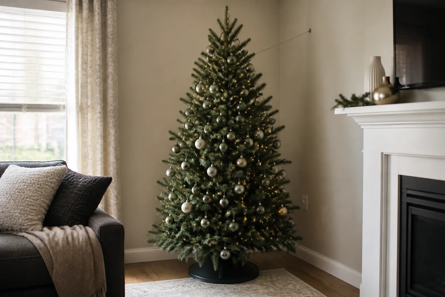 Christmas tree trunk tied to a wall hook with clear fishing line and a heavy weighted stand