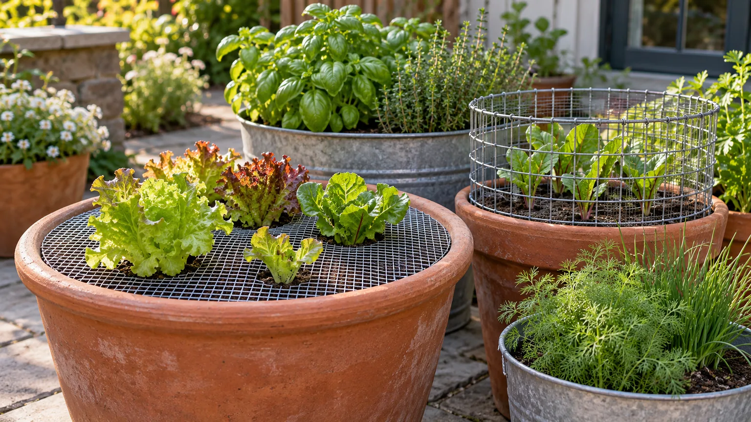 Hardware cloth fitted over soil in patio containers