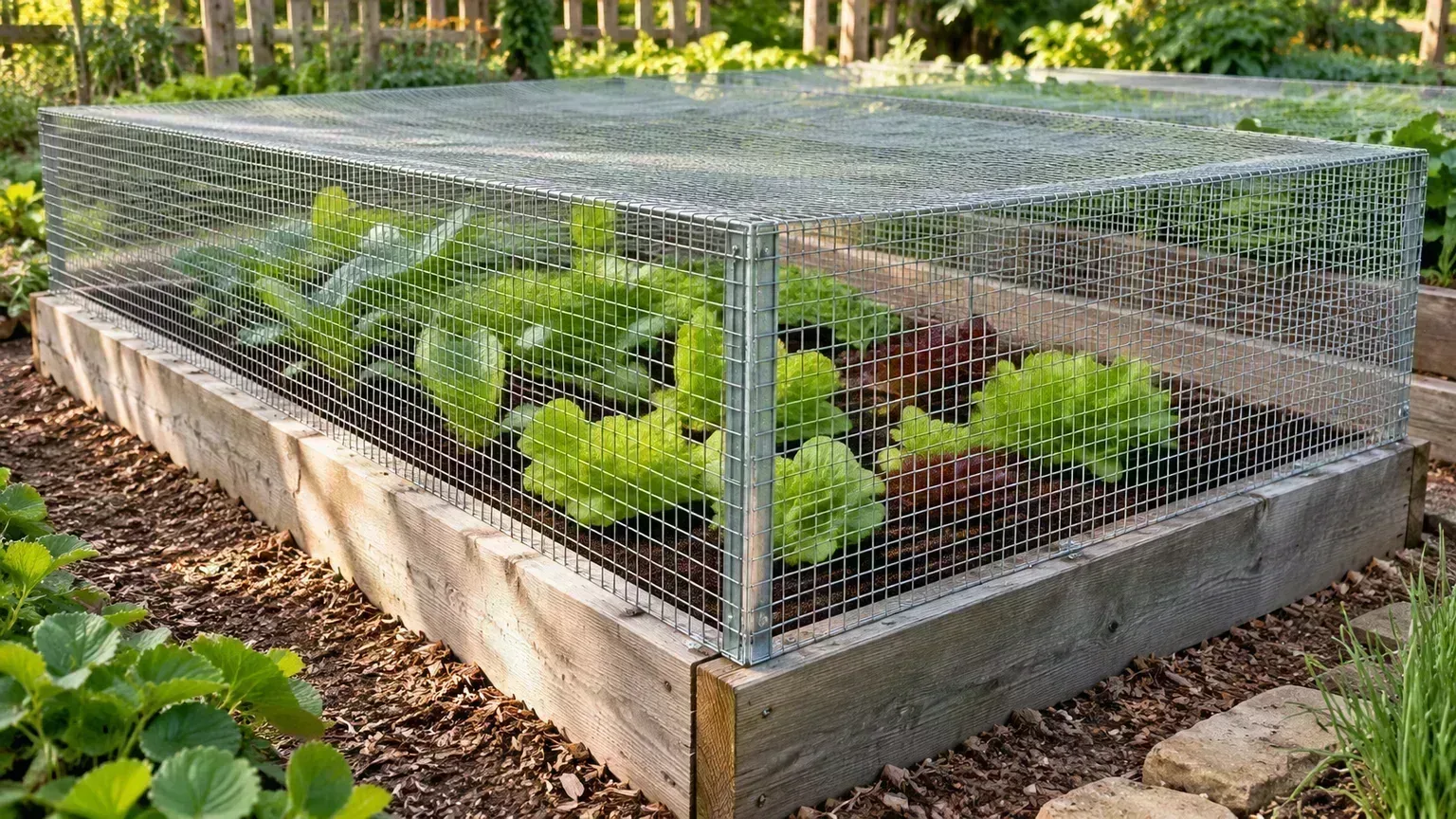 Fine-mesh hardware cloth cage protecting a raised vegetable bed