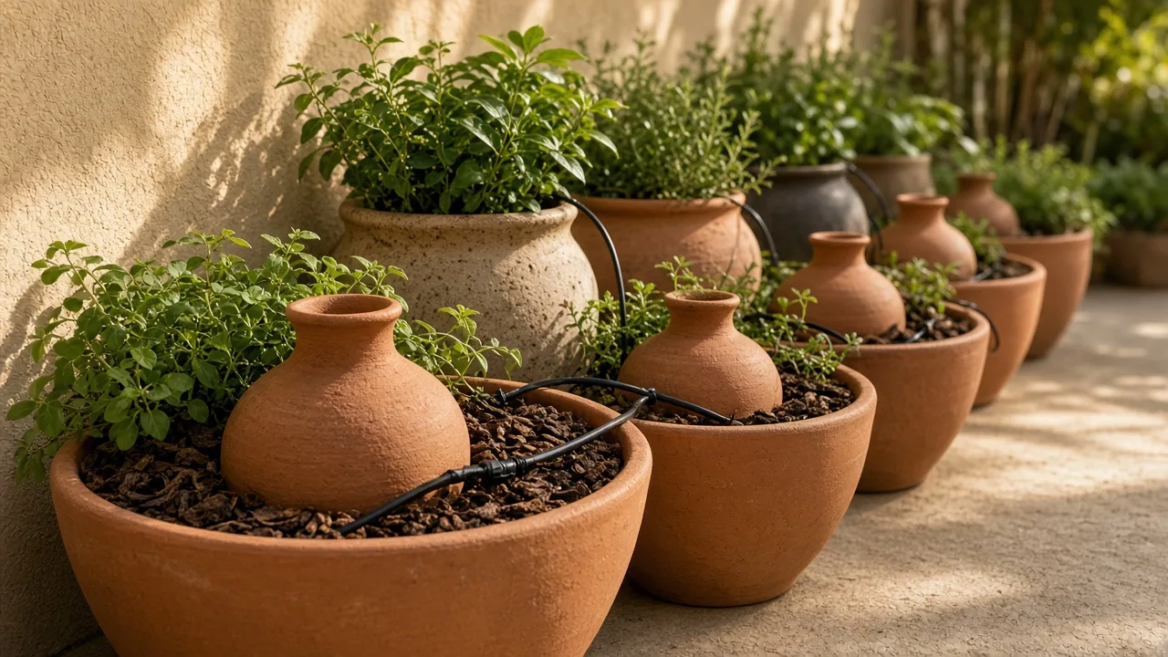 Outdoor balcony container garden with flowering and foliage plants in bright summer light