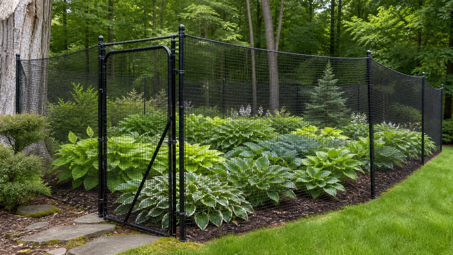 Tall mesh fencing encloses a hosta shade garden as a complete physical barrier