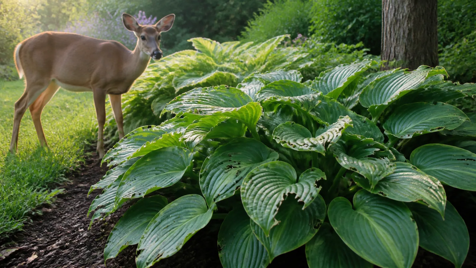 White-tailed deer beside hostas with fresh browsing damage in a shaded garden
