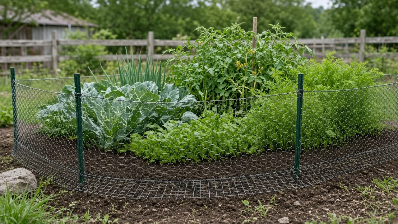 A wire-covered vegetable bed protected from browsing animals in a backyard garden