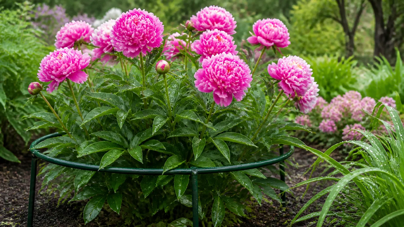 Pink peony blooms held upright by a green grow-through cage after spring rain
