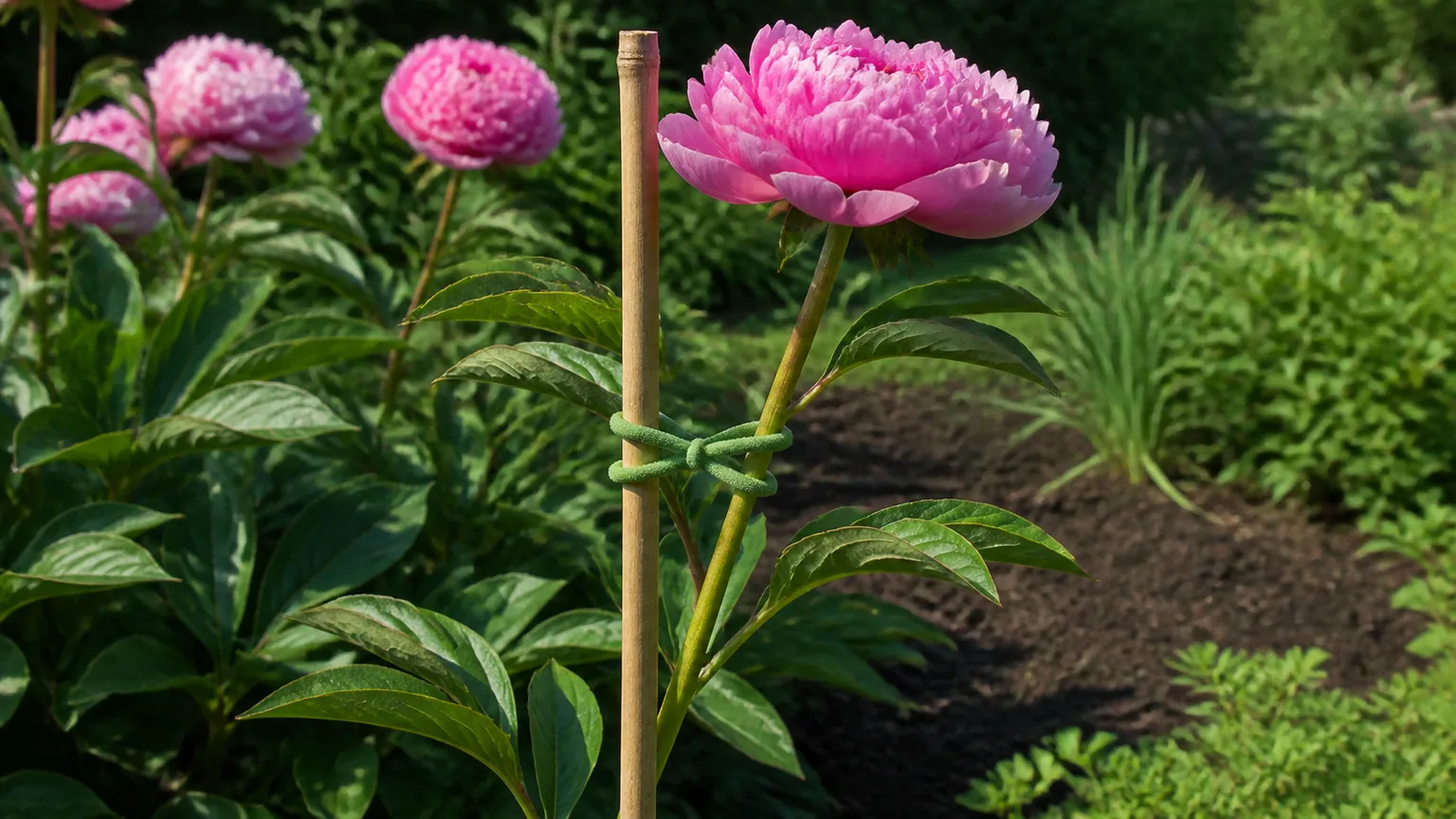 A pink peony flower stem supported by a bamboo stake and loose soft tie in an outdoor border