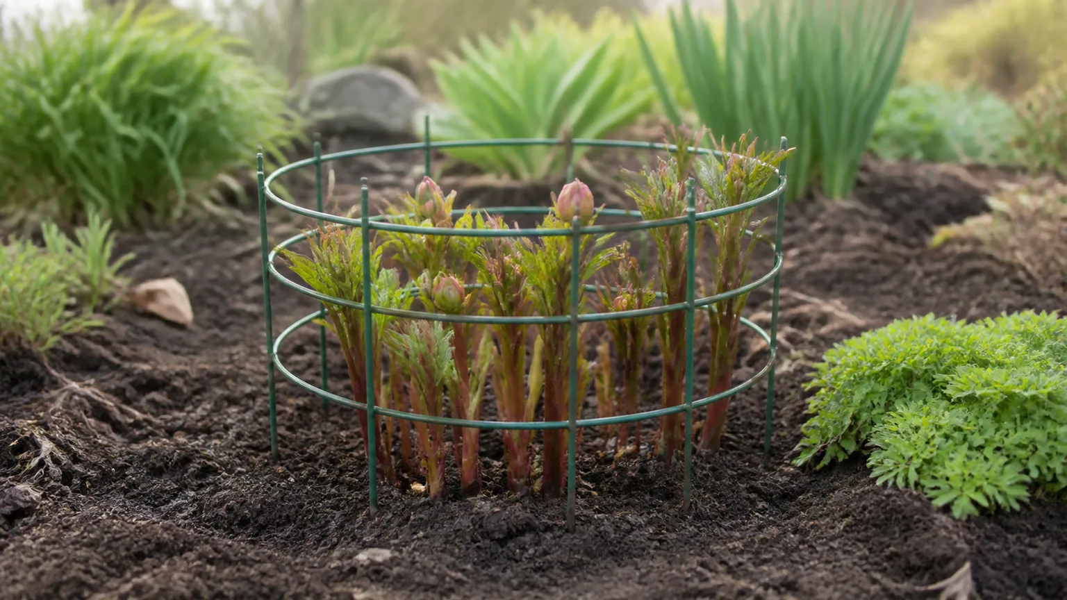 A peony support ring installed around young stems before the flowers open