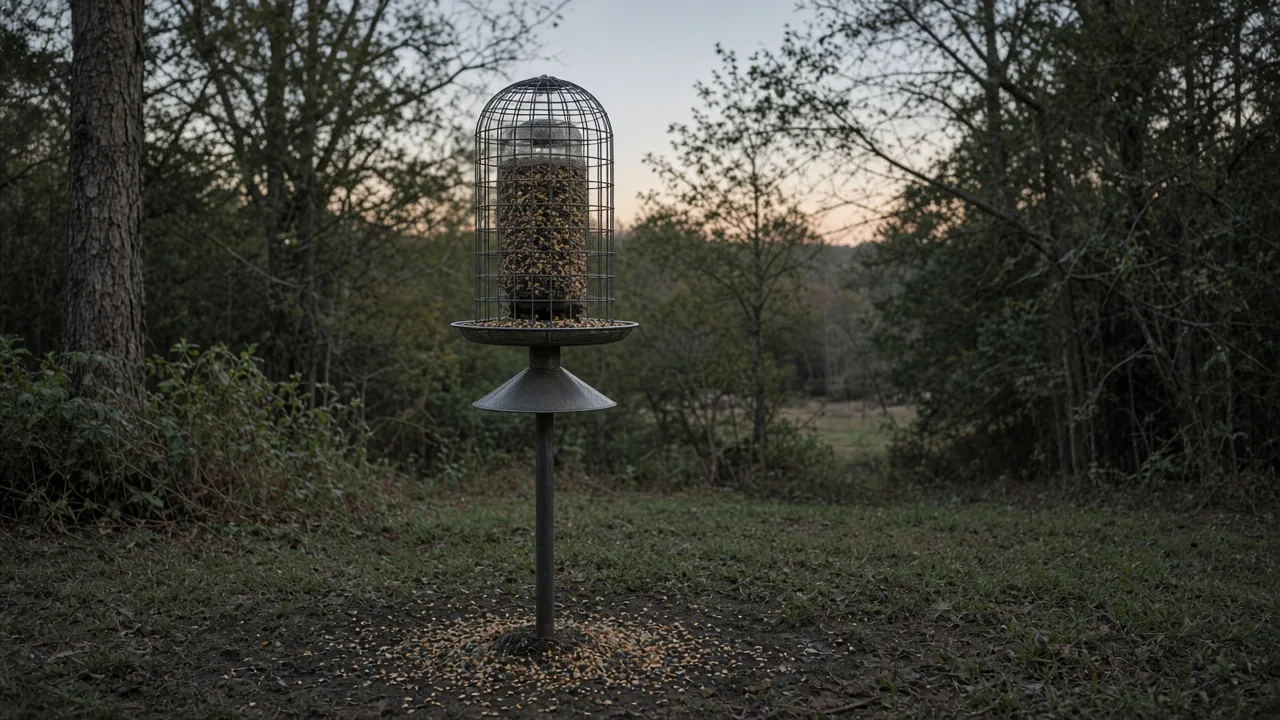 Raised bird feeder with a broad baffle in a backyard garden