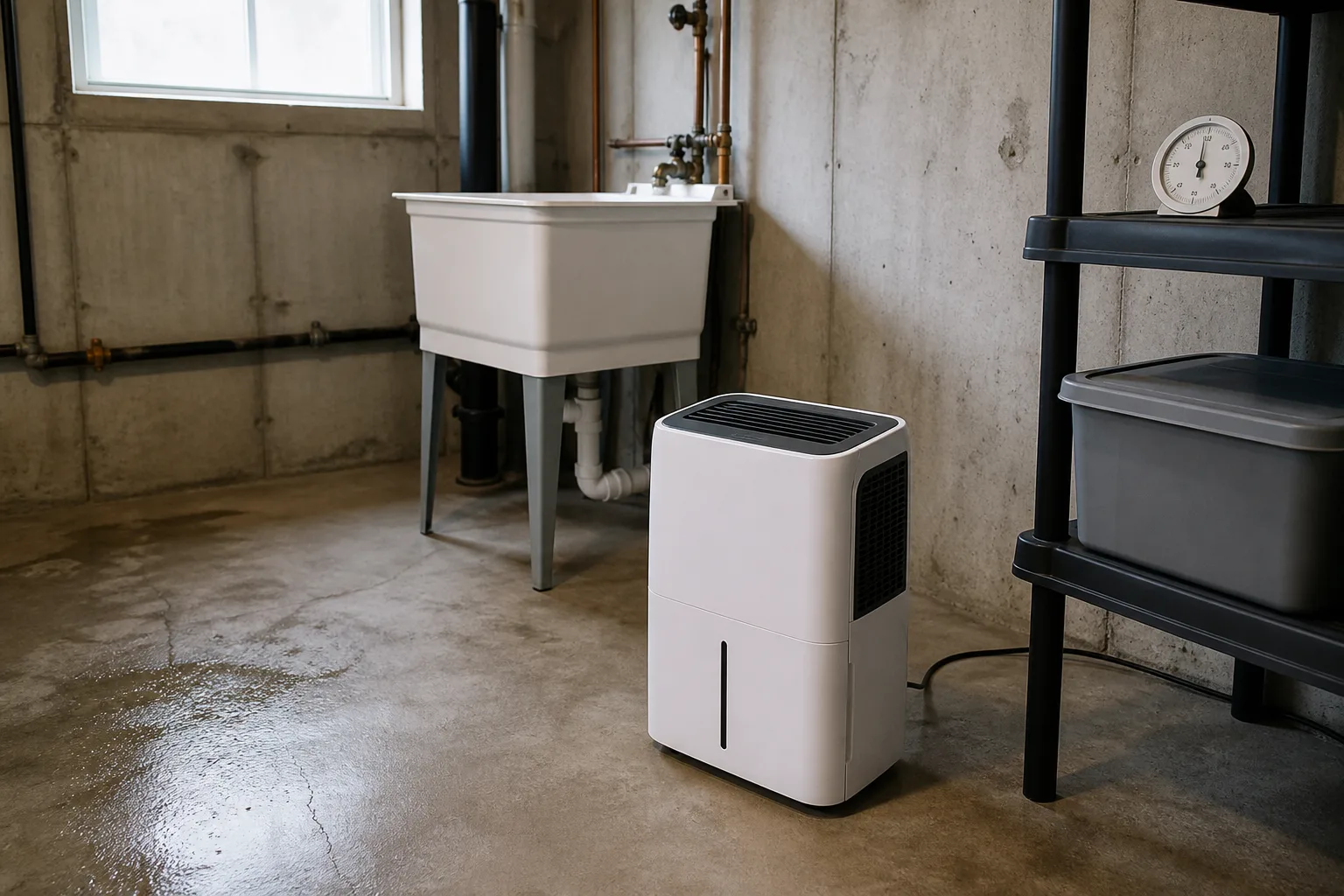 Compact dehumidifier running on a concrete basement floor near a utility sink with a hygrometer on a nearby shelf