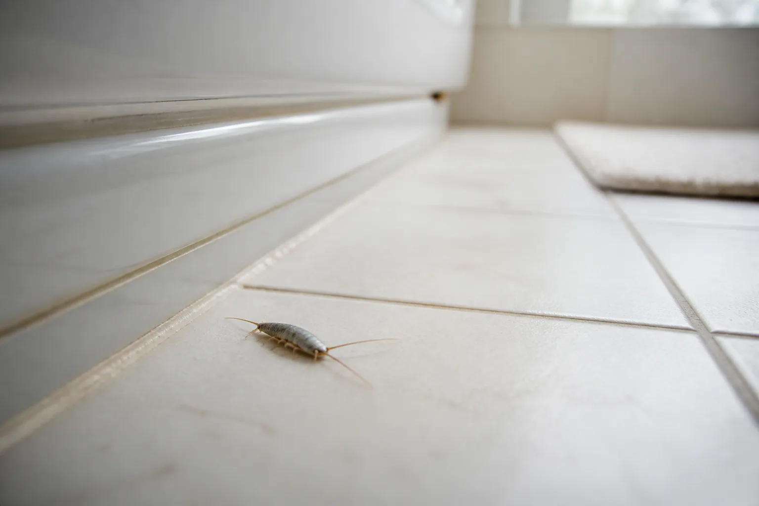 Small silvery-gray silverfish on white bathroom tile near a bathtub baseboard