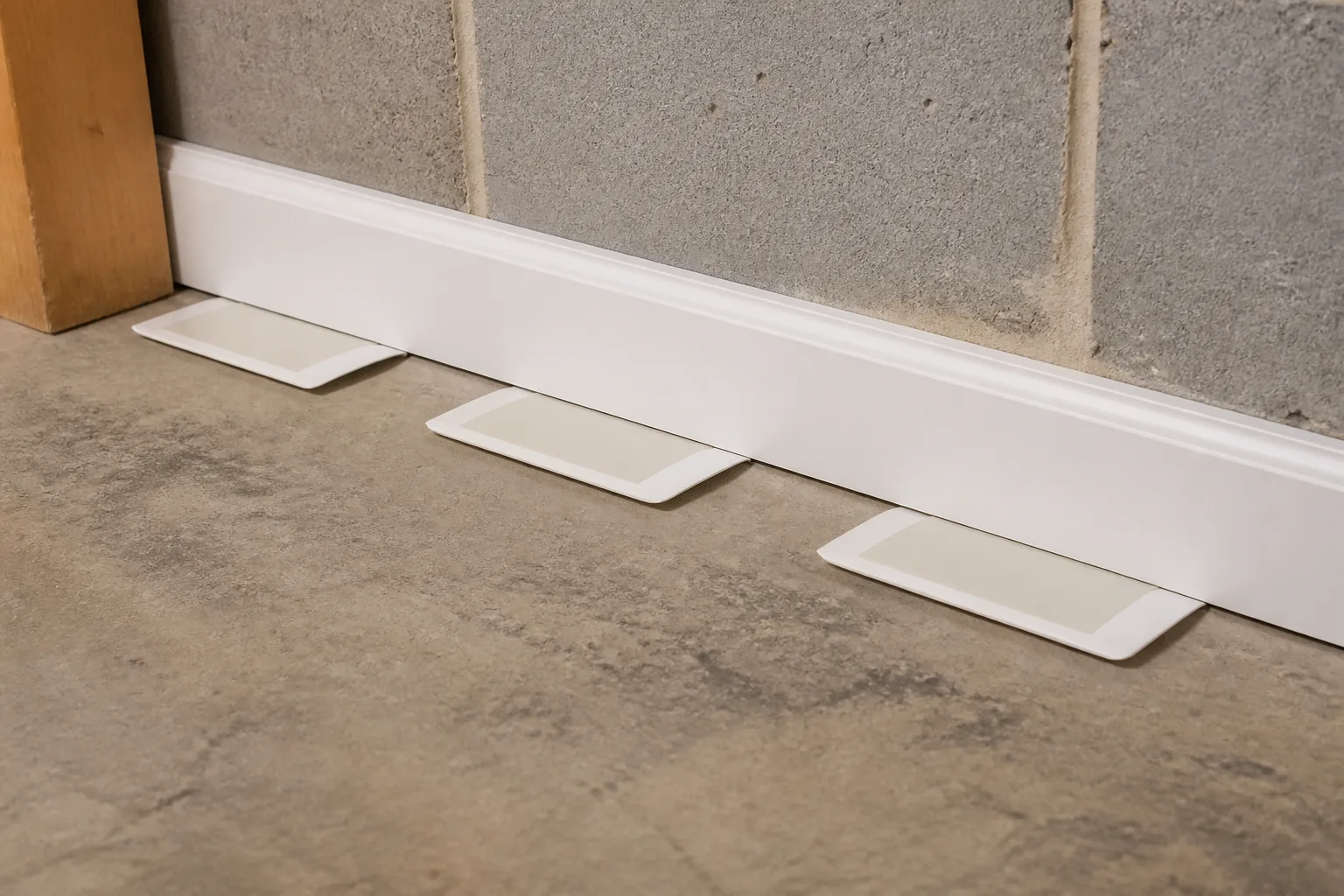 Small sticky insect monitoring trap placed flush against a wall in a dark kitchen corner
