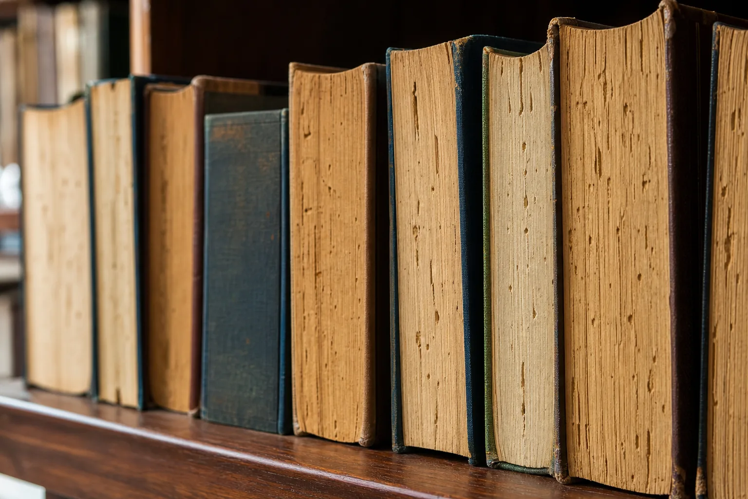 Hardcover books on a wooden shelf with notched page edges suggesting insect damage to paper and bindings