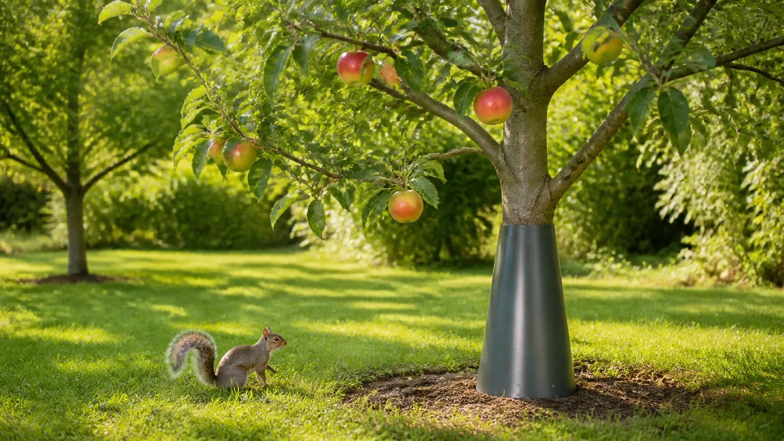 Ripe apples on a backyard fruit tree protected by a smooth trunk baffle while a squirrel remains on the ground