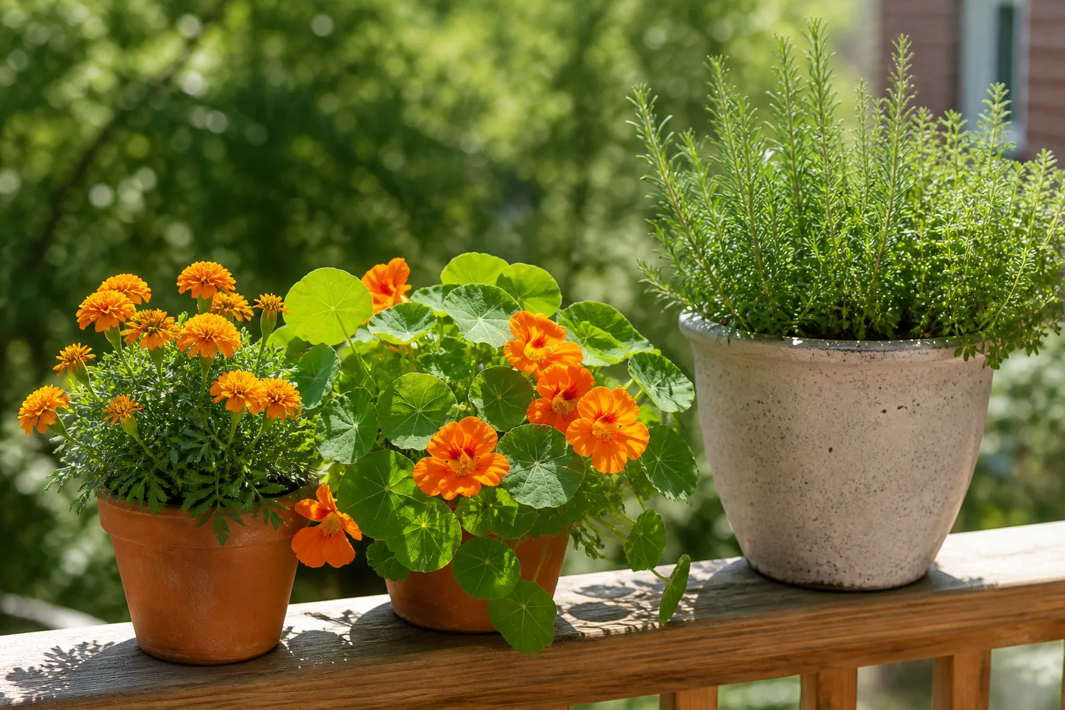 Small pots of orange French marigolds and nasturtiums on a balcony rail beside a larger herb container