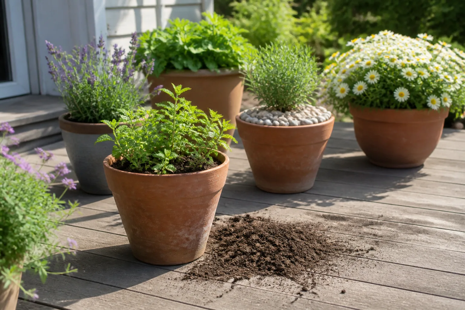 Sunny patio deck with several terra cotta pots of herbs and flowers, including one with pebble top-dressing protecting the soil
