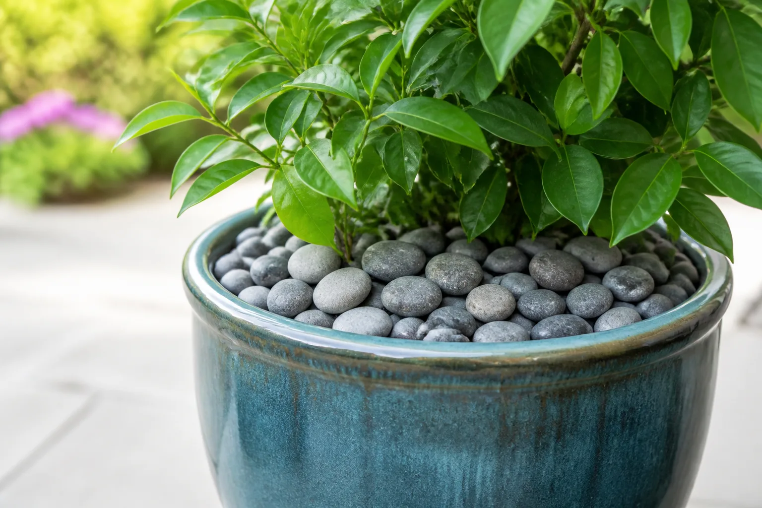 Ceramic patio pot with a layer of smooth gray river pebbles covering the soil surface