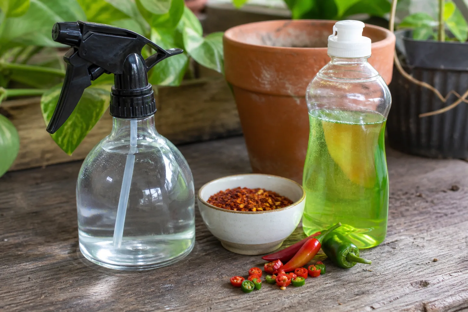 DIY squirrel repellent materials including cayenne flakes, hot peppers, spray bottle, and dish soap on a potting bench