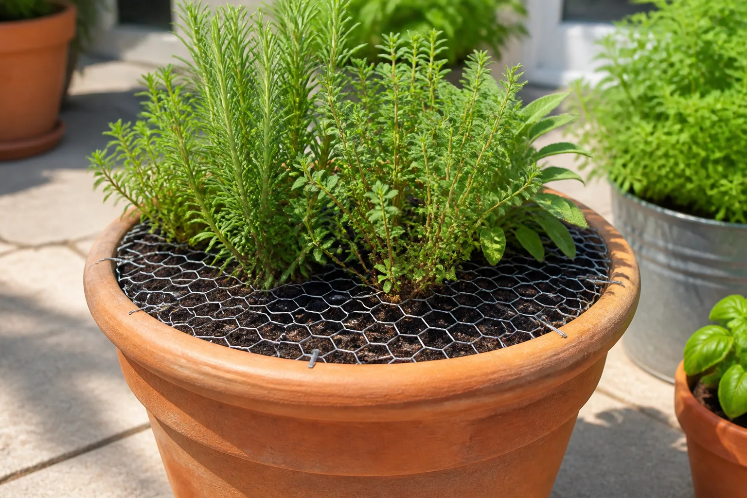 Chicken wire mesh laid flat across the soil surface of a terra cotta patio pot