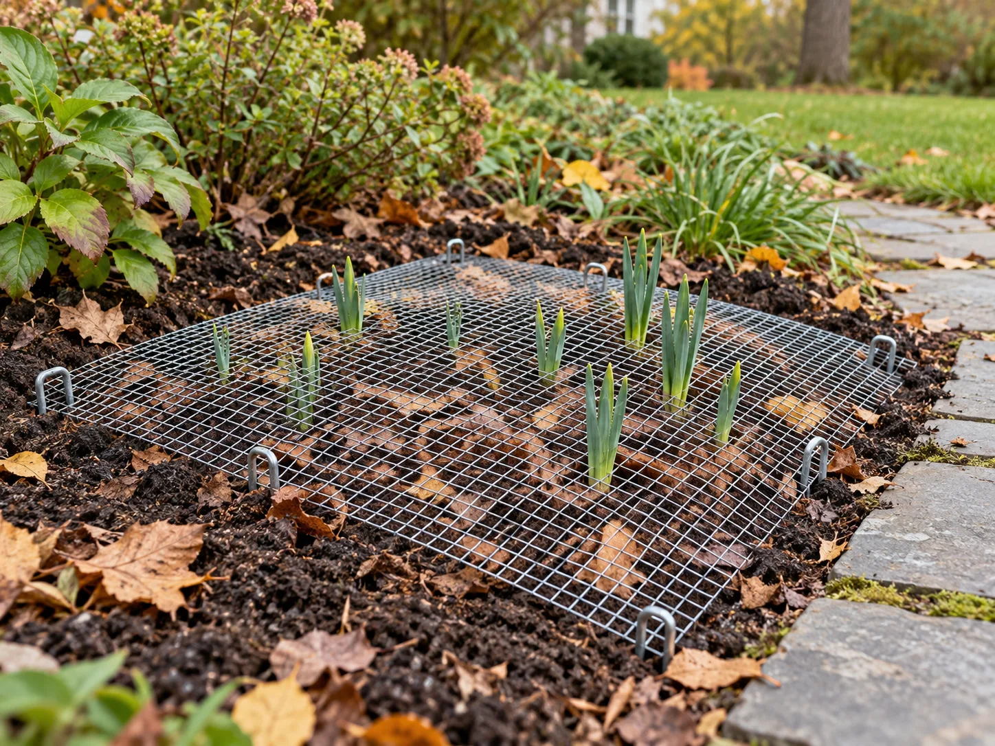 Galvanized mesh pinned over a fall bulb bed, with shoots emerging through the openings.