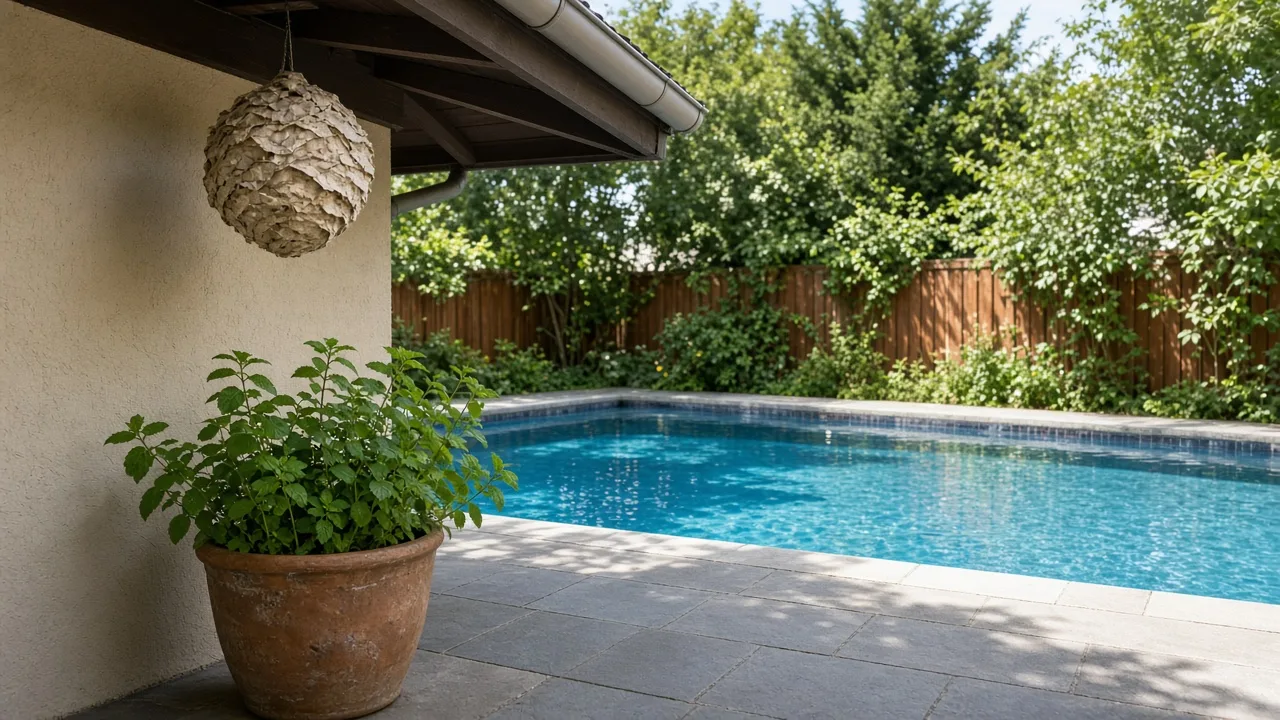 Backyard swimming pool with a clear open deck and surrounding plants
