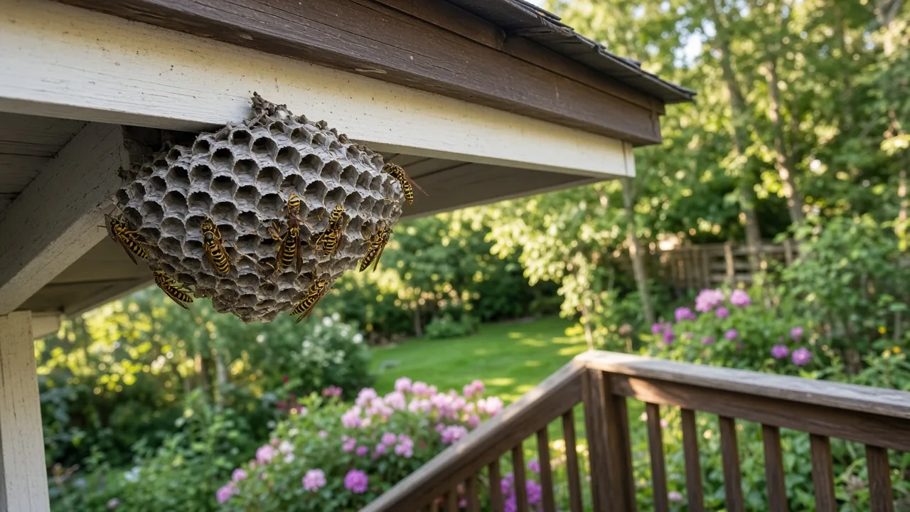 Active paper wasp nest attached beneath a porch roof