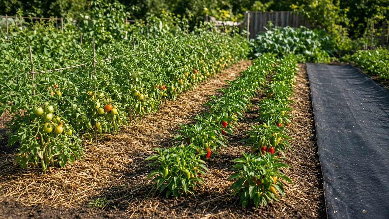 Neatly spaced vegetable garden rows with clear soil paths and healthy crops