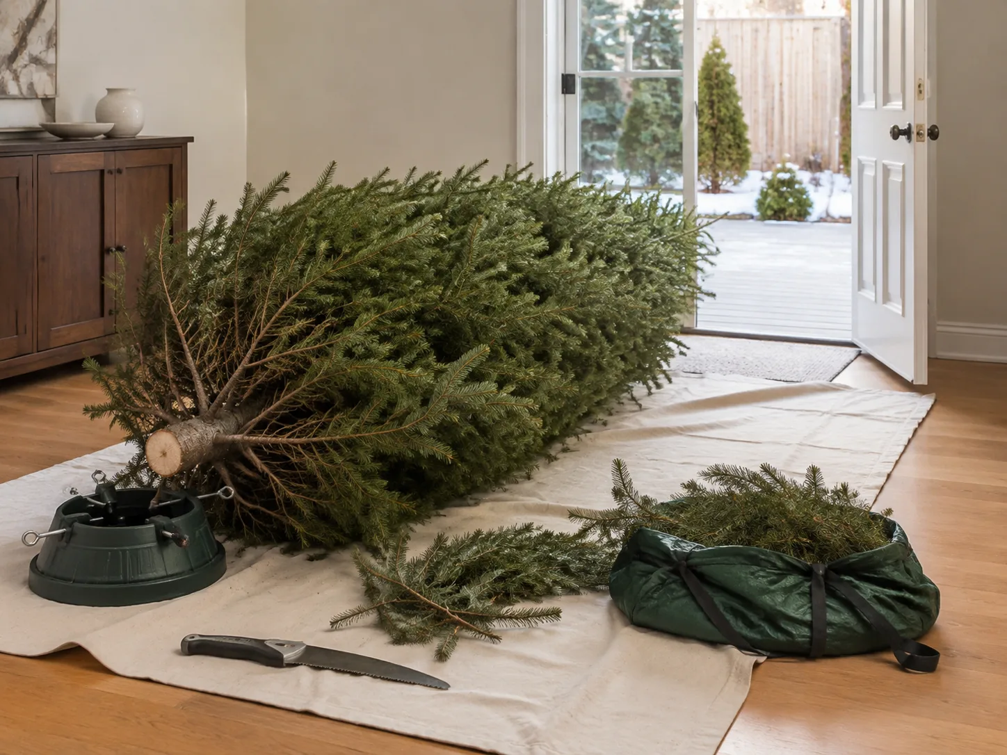 A real Christmas tree contained on a drop cloth for a low-mess takedown