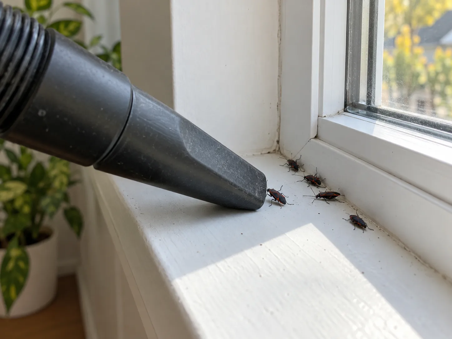 Vacuum hose collecting boxelder bugs from an indoor windowsill