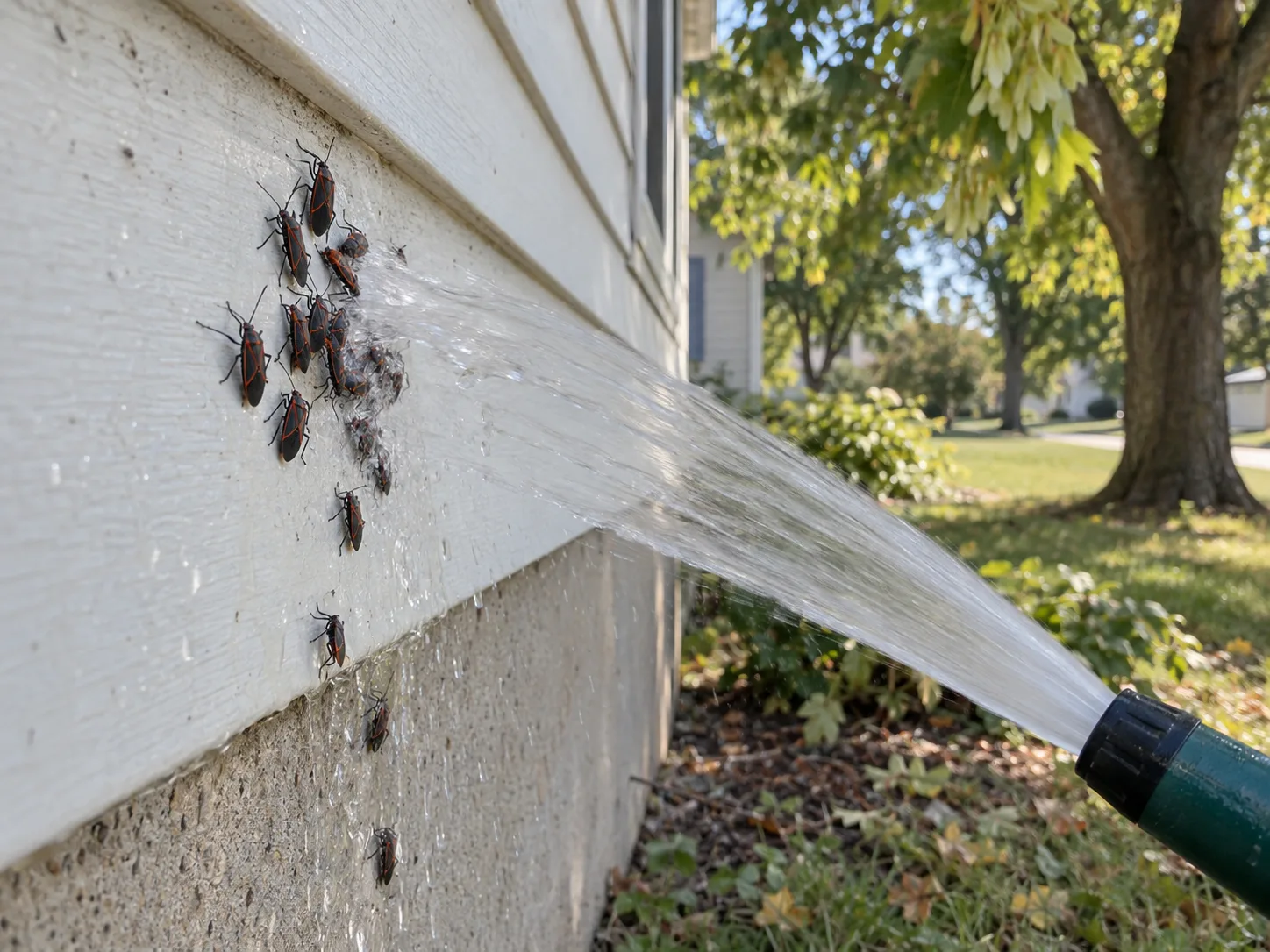 Water washing a small boxelder bug cluster from exterior siding