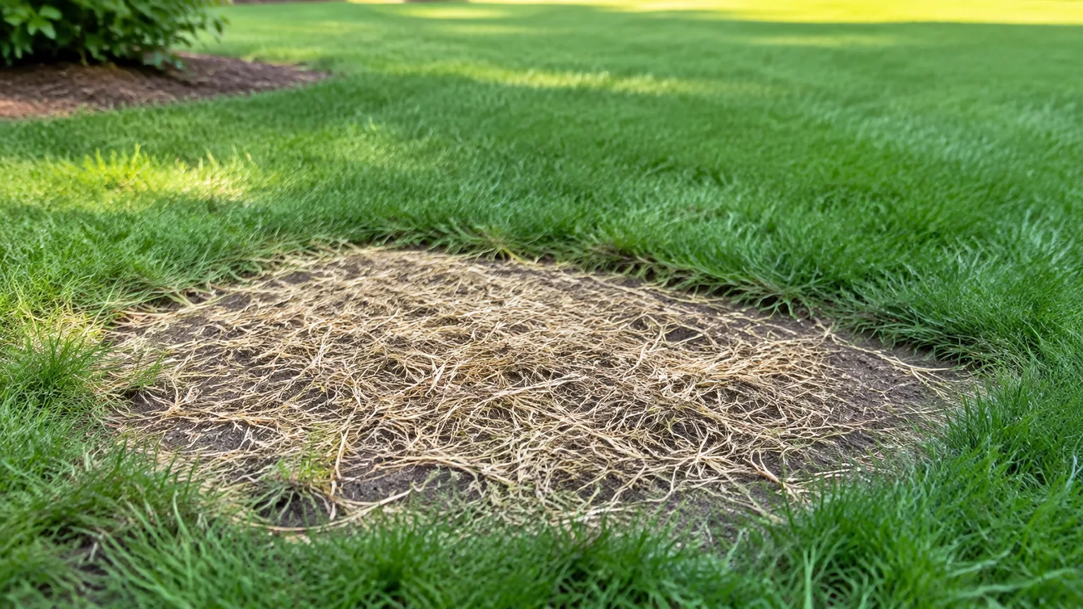 Freshly seeded lawn patch lightly covered with straw beside established turf after crabgrass removal