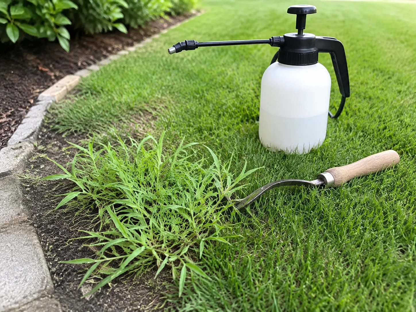 Crabgrass patch beside healthy turf with a hand weeder and unbranded pump sprayer ready for targeted control
