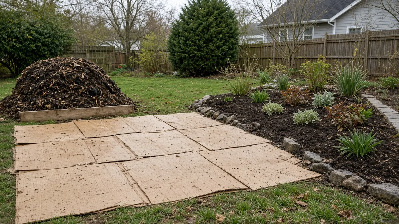 Lawn-free garden space with planted beds and hardscape