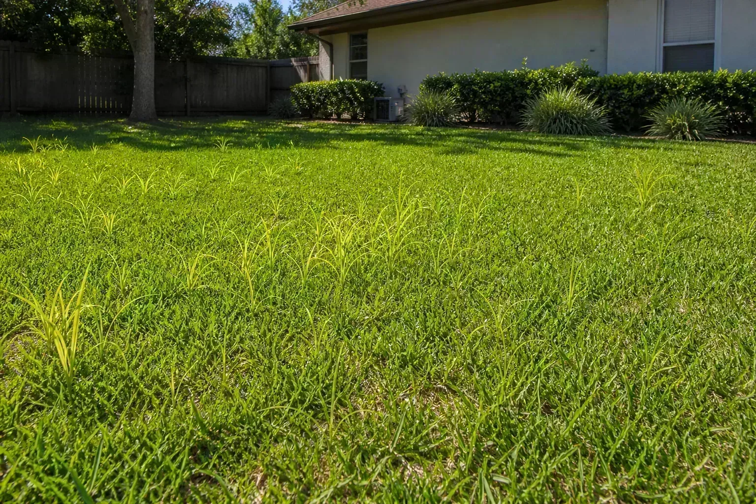 Yellow nutsedge clumps rising above a residential lawn in summer