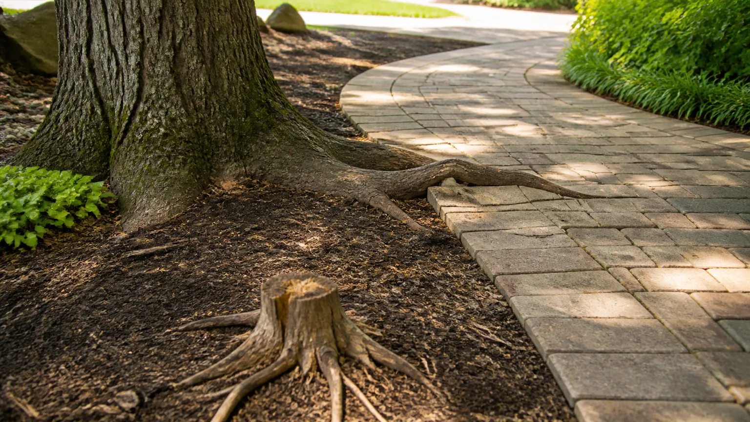 Mature tree root lifting a garden path beside a small stump in a residential yard