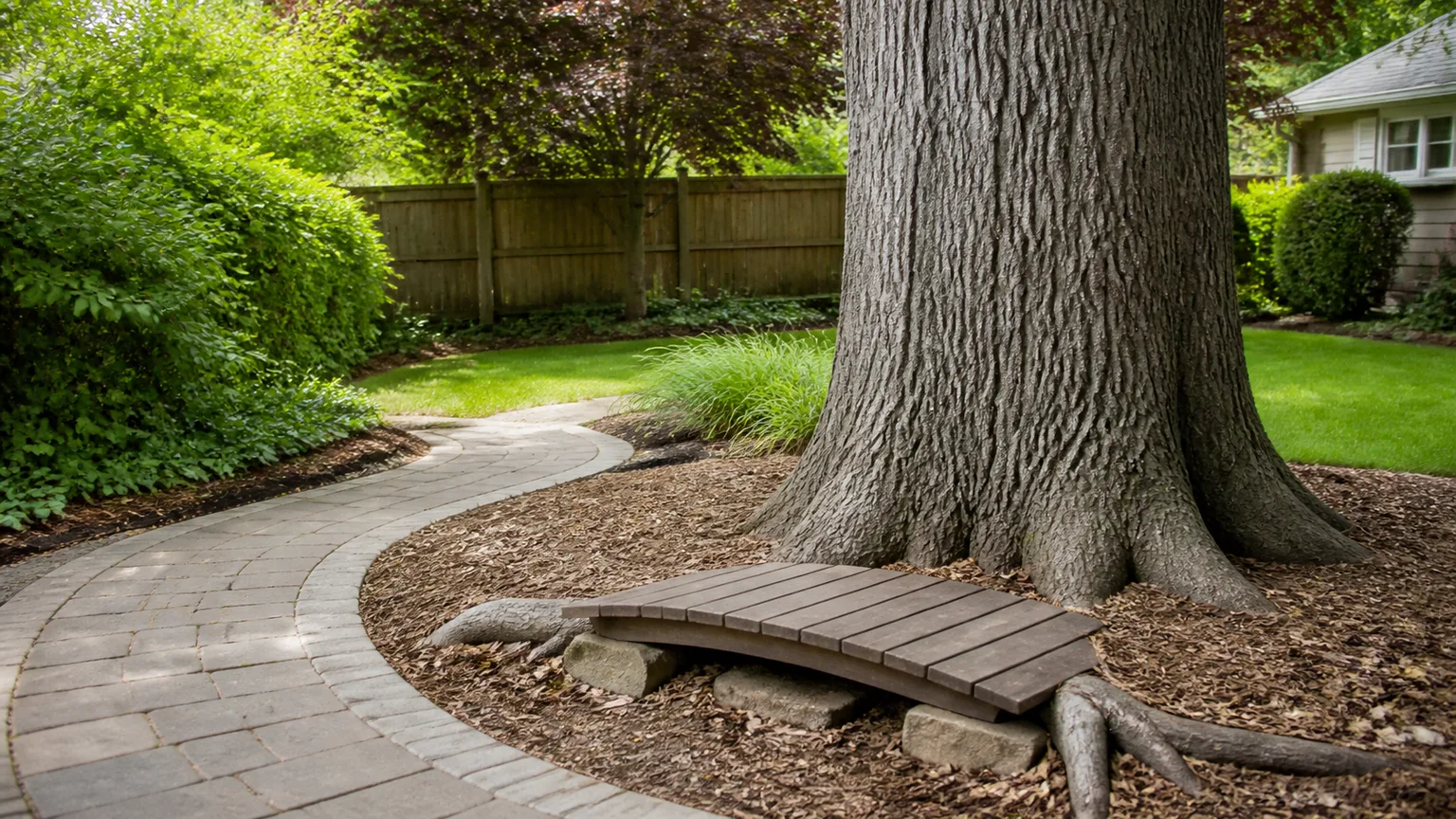 Curved garden walkway and low bridge preserving a mature tree’s exposed surface roots