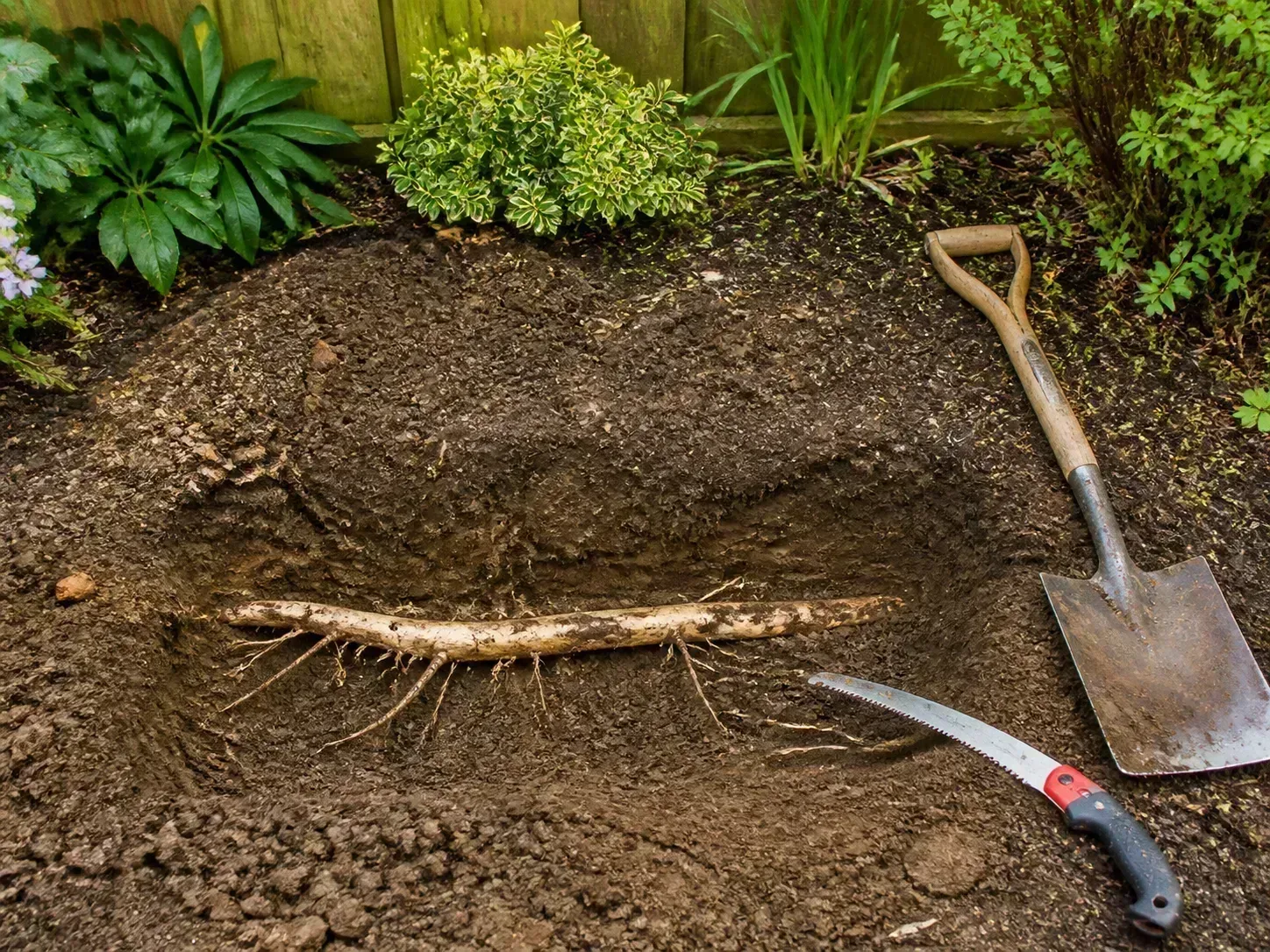 Exposed dead tree root in a shallow garden trench with a shovel and pruning saw