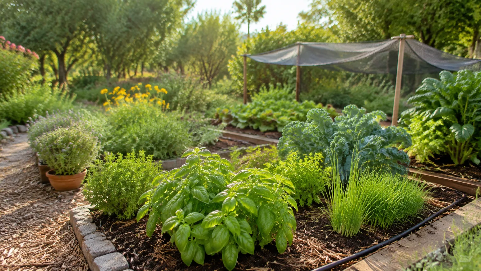 Healthy vegetable and herb garden with mulch, drip irrigation, and shade cloth during a dry summer