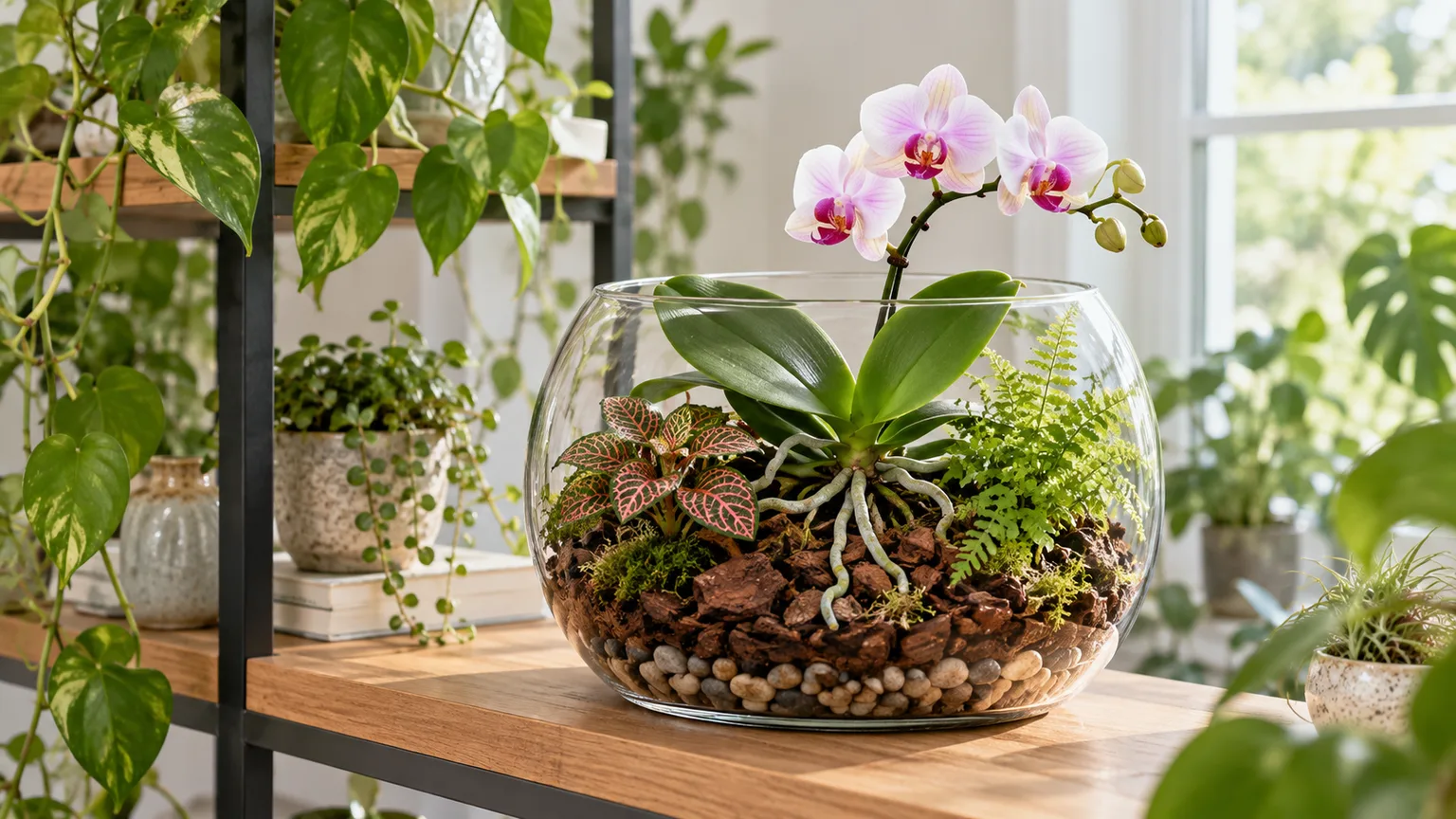 Compact pink Phalaenopsis orchid displayed in an open glass terrarium with bark, moss, and small companion plants