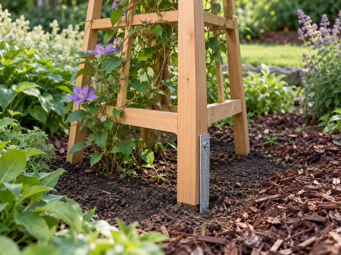Close view of a cedar obelisk foot secured above the soil with a galvanized landscape stake and mulch kept away from the wood