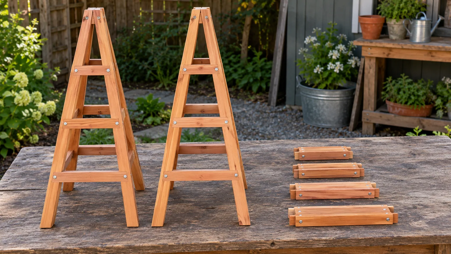 Two matching tapered ladder panels and the remaining tiered connector rungs laid out before assembly into a square obelisk