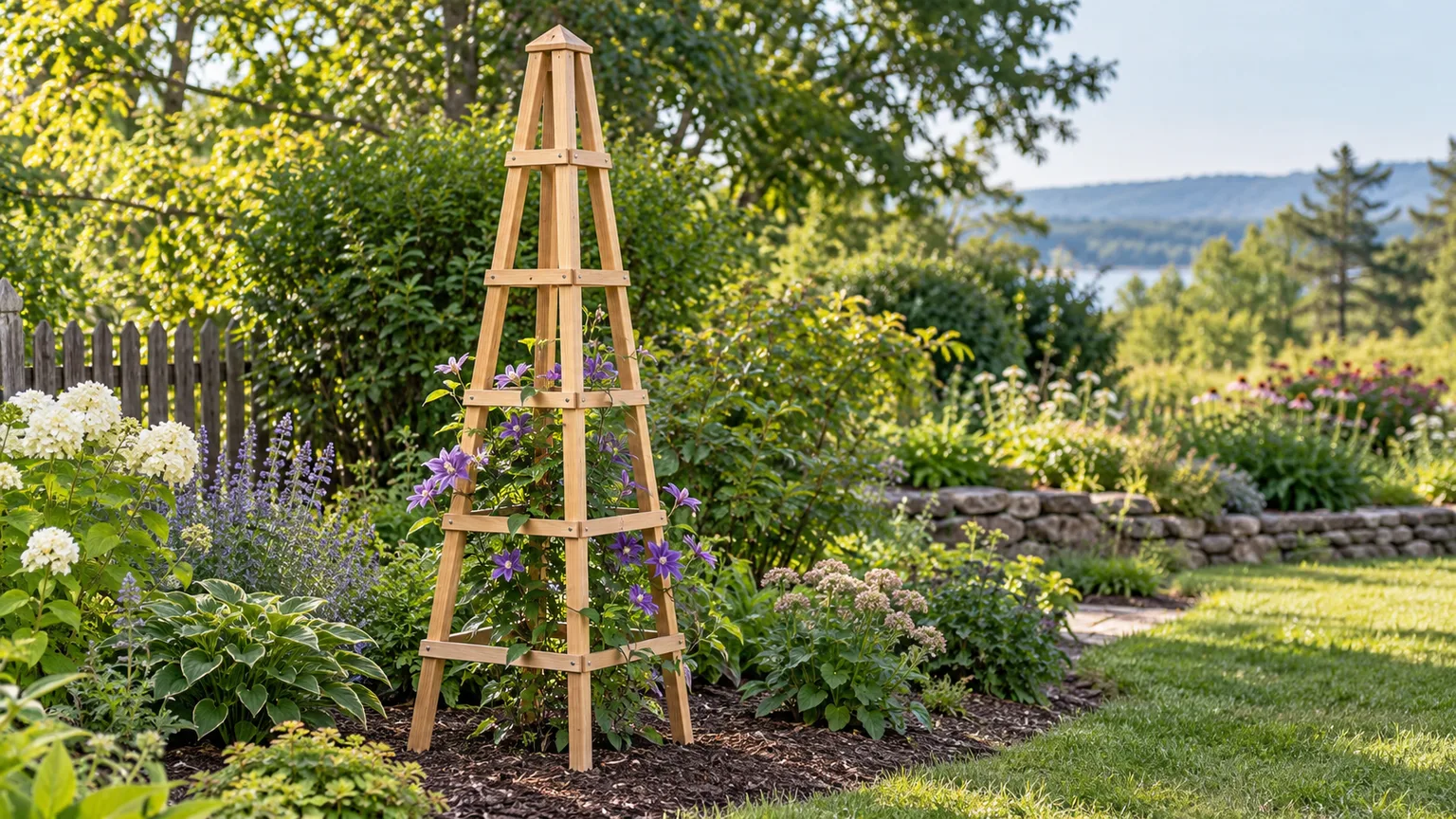 Six-foot wooden obelisk trellis with a clematis vine in a garden bed