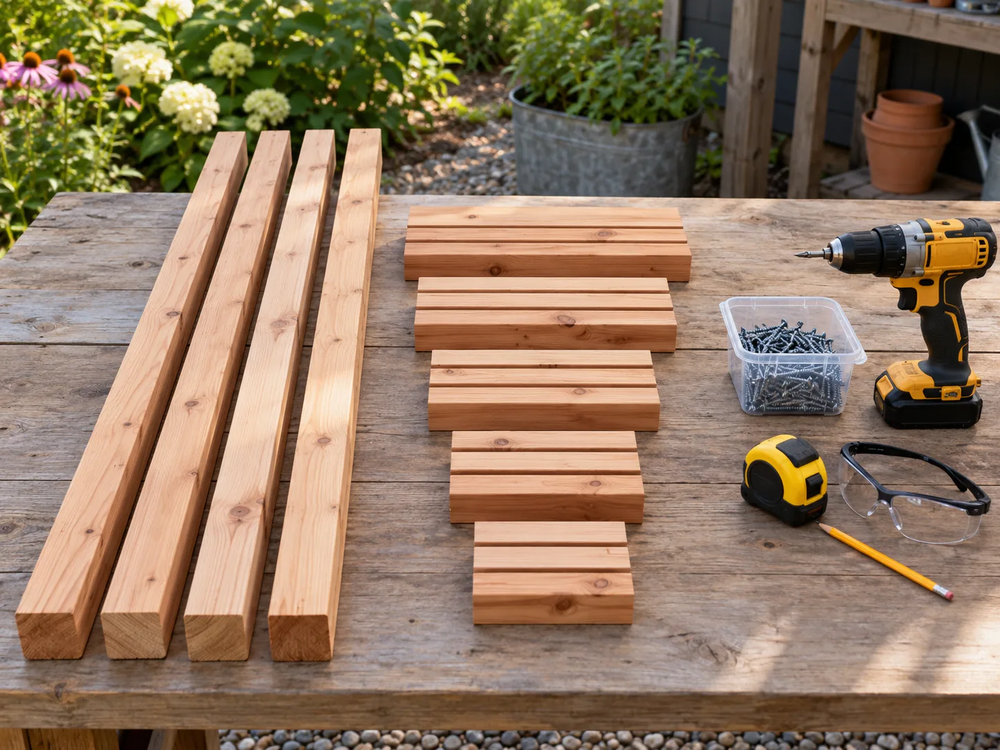 Cedar uprights, progressively shorter crosspieces, exterior screws, drill, tape measure, pencil, and safety glasses arranged for a wooden obelisk build