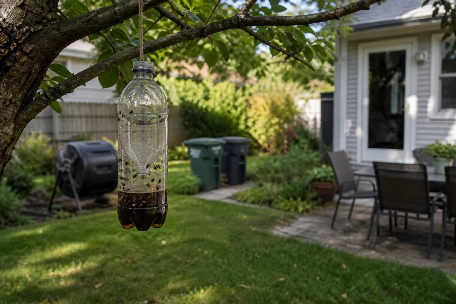 Outdoor soda bottle fly trap hung downwind from a back door near compost and garbage bins